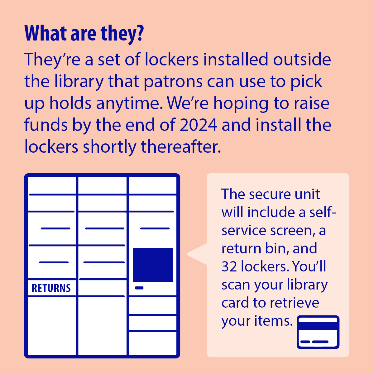 What are they?  They’re a set of lockers installed outside the library that patrons can use to pick up holds anytime. We’re hoping to raise funds by the end of 2024 and install the lockers shortly thereafter. The secure unit will include a self-service screen, a return bin, and 32 lockers. You’ll scan your library card to retrieve your items.