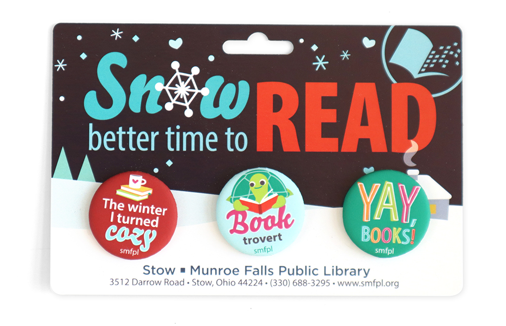 card with three reading-themed buttons